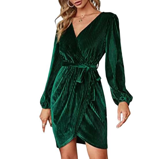 Женское платье для свиданий с V-образным вырезом и завязывающимся поясом, тонкая талия, длинные рукава, бархатная ткань, неровный подол, вечернее платье, однотонное мини-платье для выпускного вечера