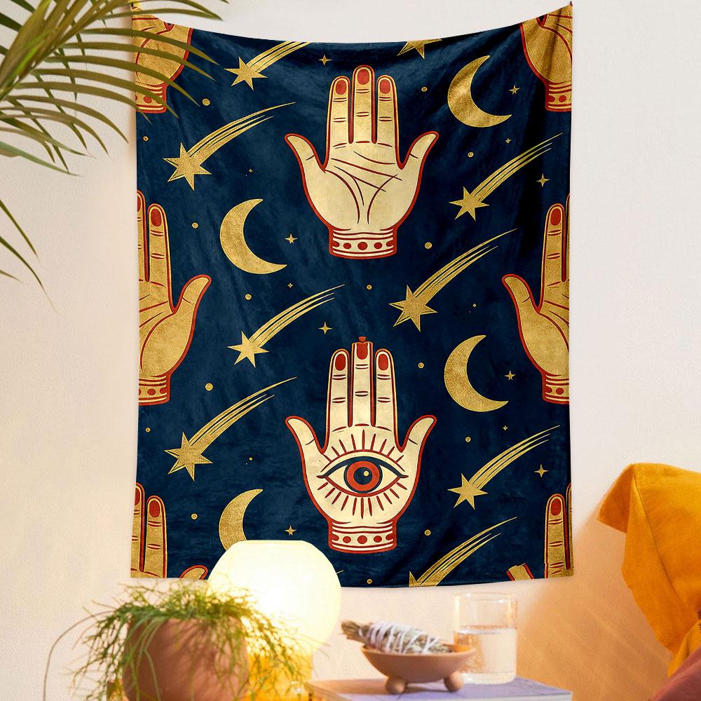 Mystic Hand with Eye and Celestial Symbols Patterned tapestry home decor, suitable for bedroom and living room, gift