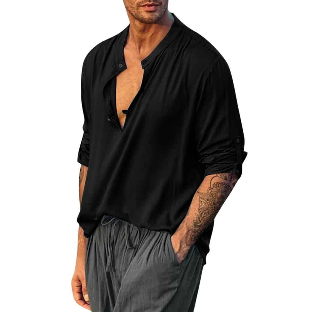 Мужская полуоткрытая рубашка, разноцветная хлопково-льняная рубашка, круглый вырез, модный рукав, рубашка с длинными рукавами