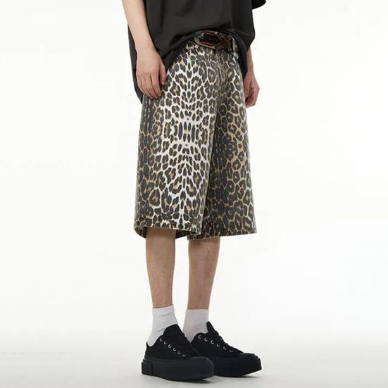 Джинсовые брюки унисекс с леопардовым принтом, свободные прямые ретро со средней талией на молнии и пуговицах длиной до колена для вечеринки