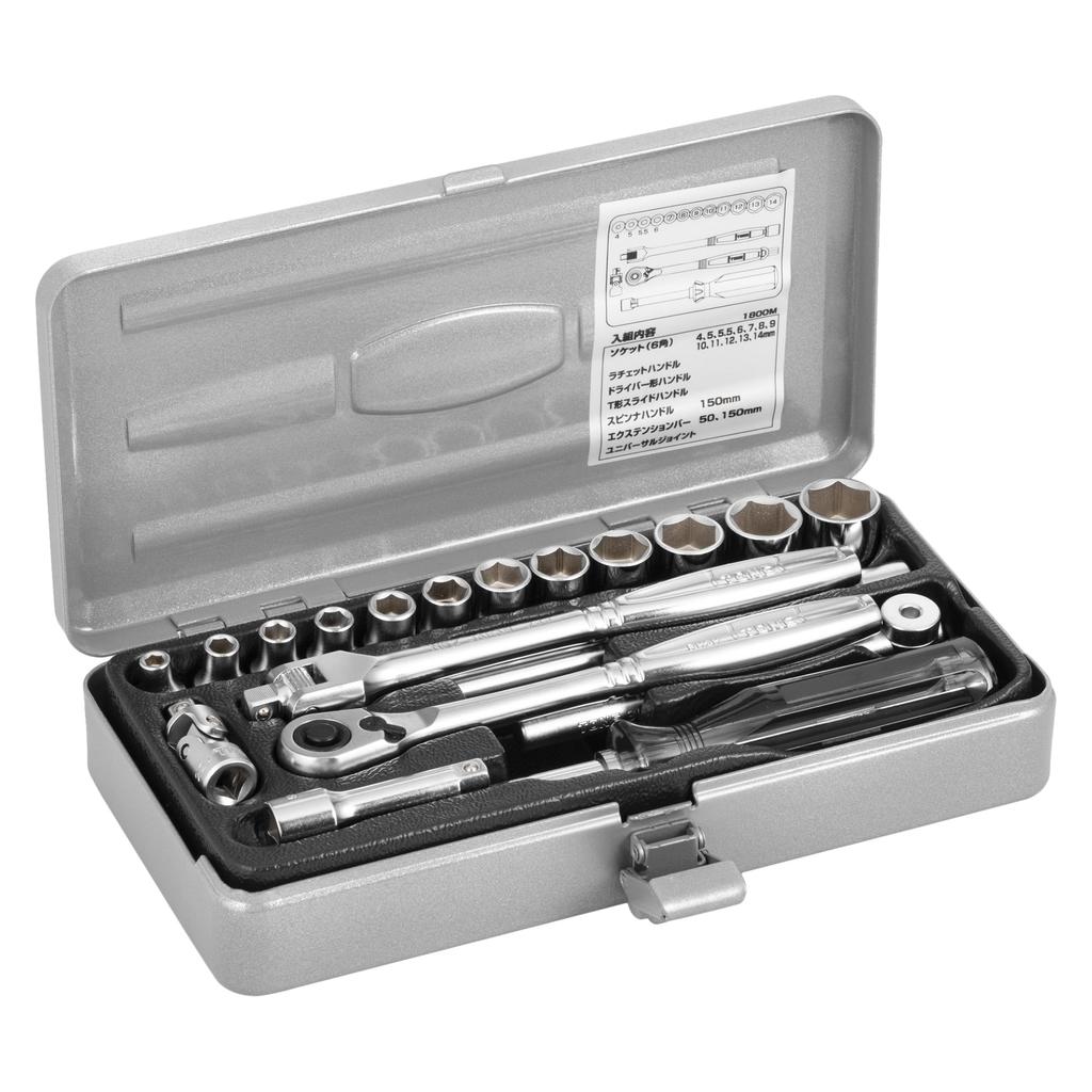 TONE 1800M Socket Wrench Includes 19 Pieces Set, 6.35mm (1/4") Drive, Silver,