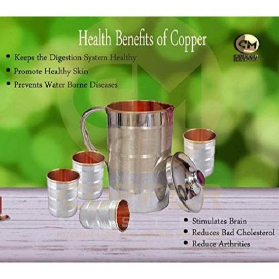 Handmade 1.6 Litre Pure Copper Steel JUG with 4 Copper Steel Glasses (300ml Each) Leak Proof