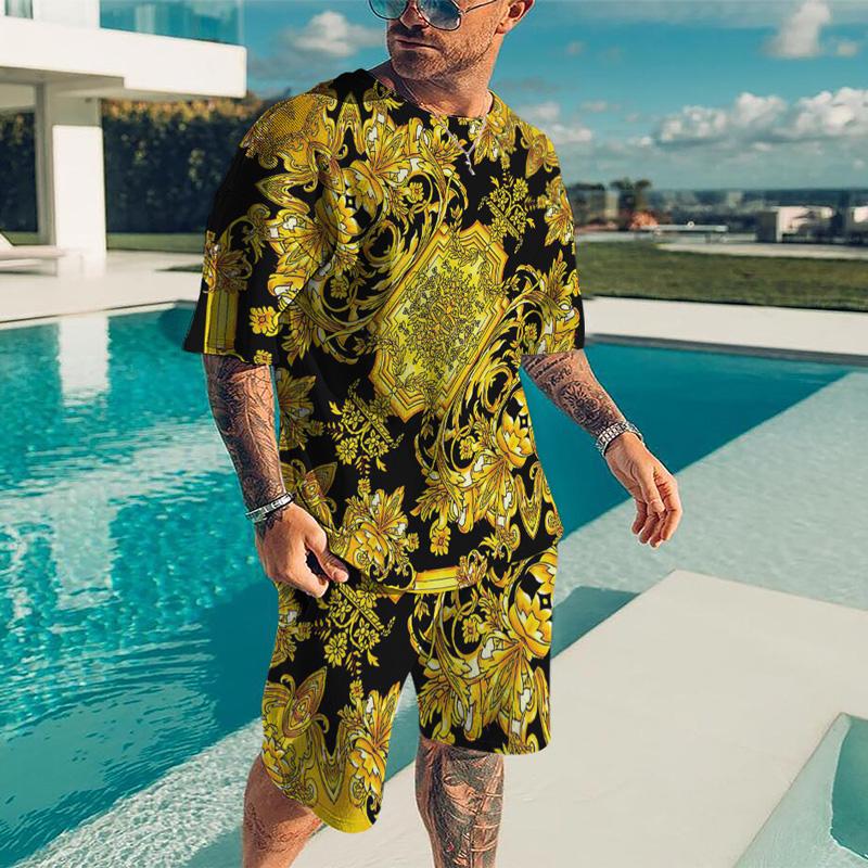 Летний быстросохнущий мужской спортивный комплект, состоящий из 2 предметов с 3D-печатью, золотой линией, черный комплект, мужская футболка в европейском роскошном стиле + пляжные брюки