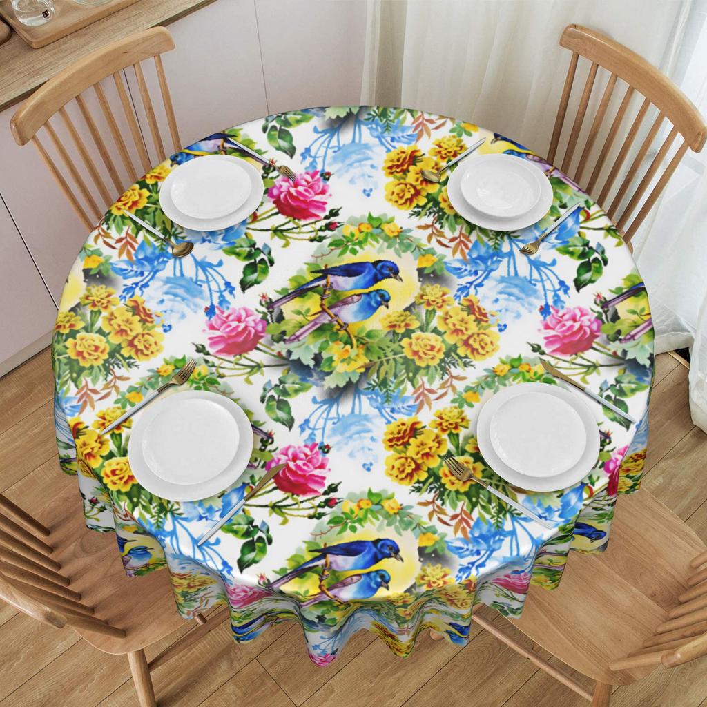Luxury High Watercolor Style Birds And Flowers Tablecloth Round Oilproof Table Cloth Cover for Kitchen 70 inch