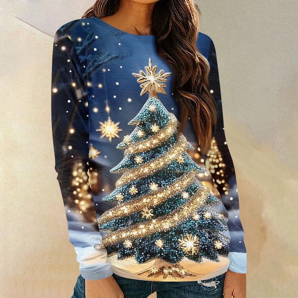 Женская мода круглый вырез пуловер с глубокими рукавами футболка с рождественским принтом топ