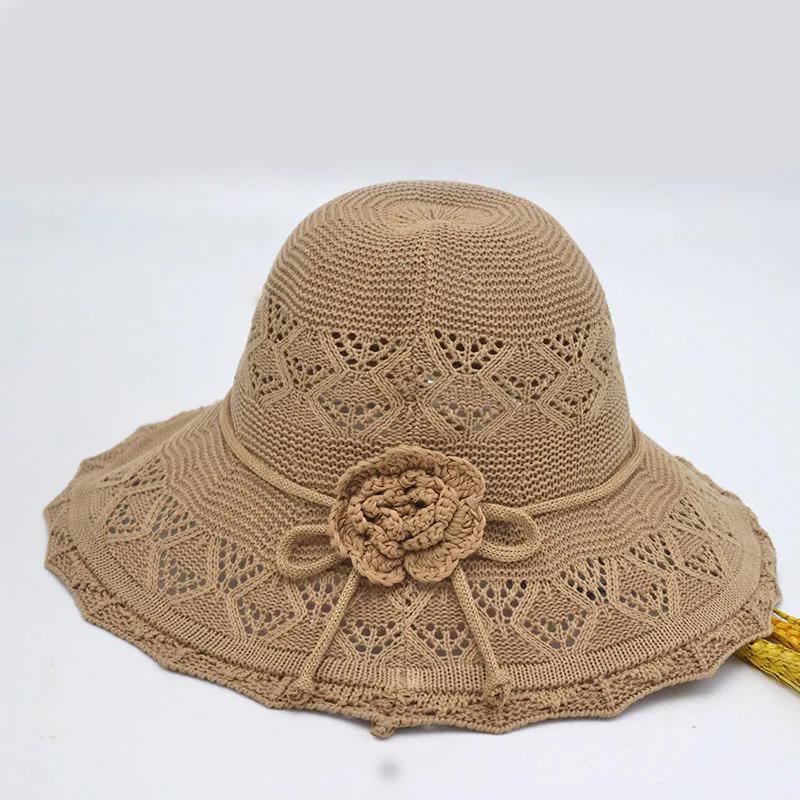 WTEMPO Foldable Summer Knitted Bucket Hats Women's Solid Color Bow Flower Wide Brim Outdoor Travel Beach Hats