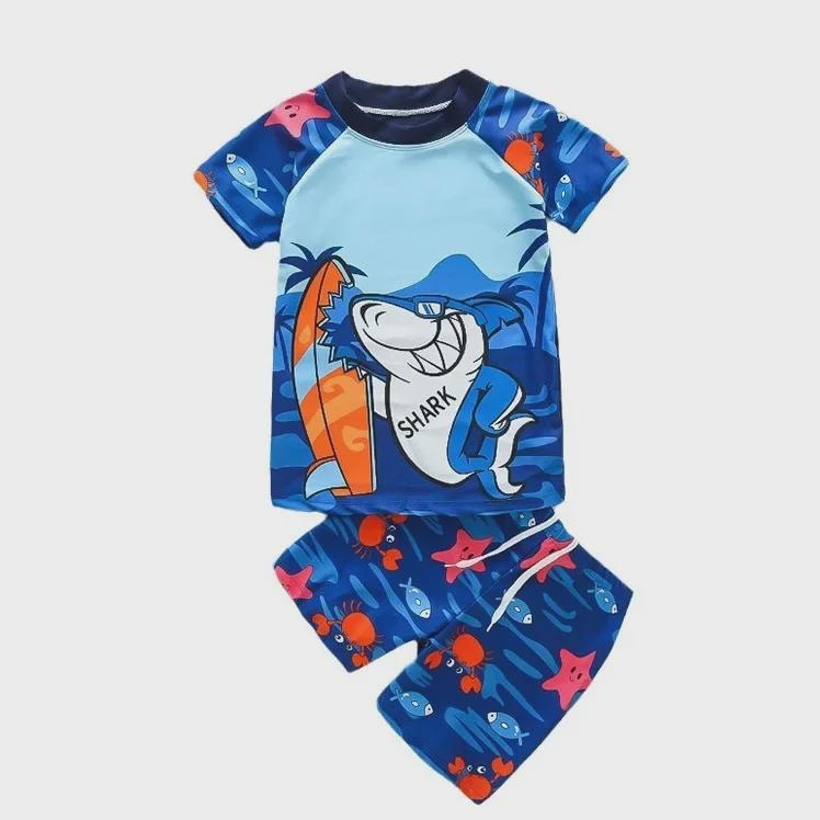 Комплект детского синего купальника с мультяшным акуленком, защитой от УФ-лучей и шапочкой для плавания