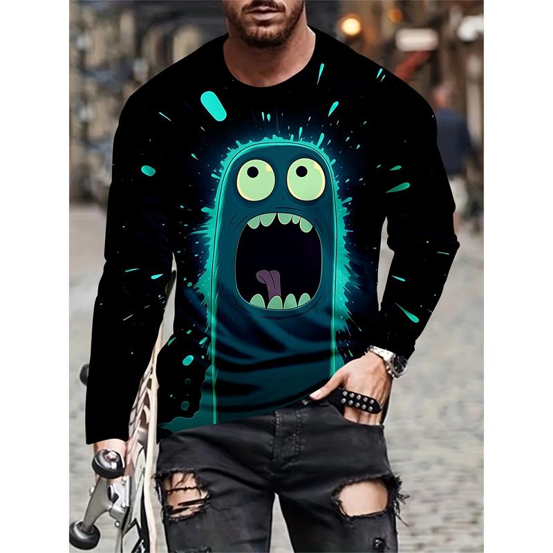 Colorful Little Monster Pattern T-Shirt For Men Fun Mysterious 3D Printed Tees Casual Long Sleeves Unisex T Shirts O-Neck Tops