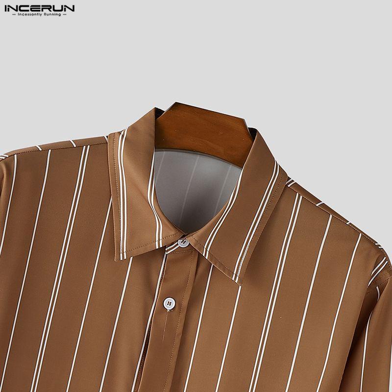 INCERUN Oversized Men Turn-down Collar Long Sleeve Striped Casual Loose Shirts