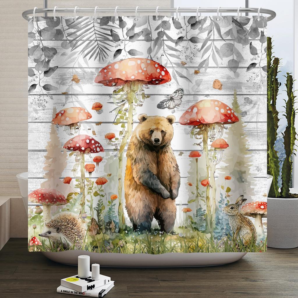 Гриб Занавеска для душа Цветок Зеленый лист Растение Лес Бабочка Ботанический Цветочный Белка Эстетика Водонепроницаемая Занавеска для ванной