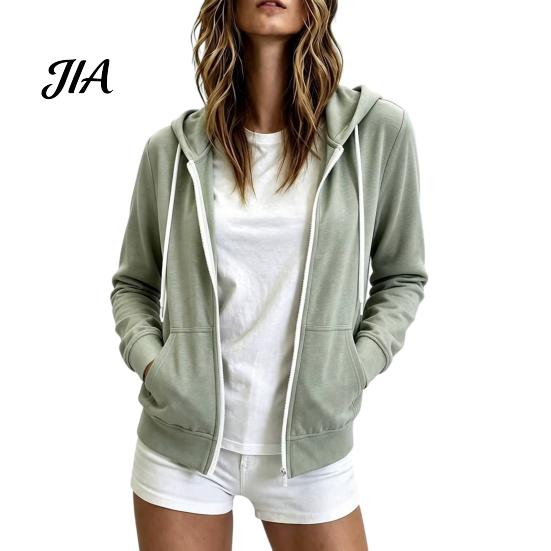 Loose Fit Sweatshirt Women Casual Zip-Up Hoodie for Fall, Cotton Blend Long Zip-up Sleeve with Pockets, Solid Color Drawstring Hooded Jacket Fall