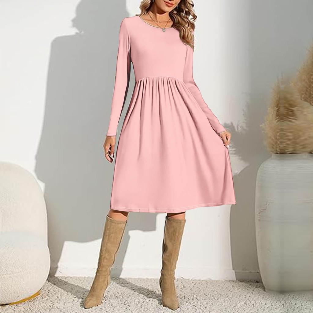 Женские однотонные повседневные платья с карманами на весну с круглым вырезом и длинными рукавами
