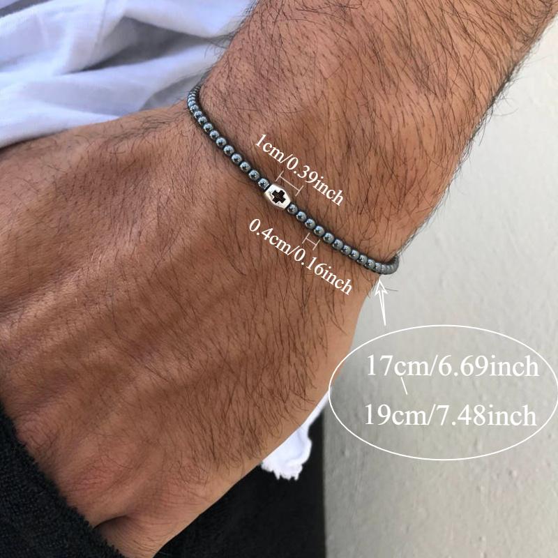 Natural Stone Beaded Bracelet Black Tiny Cross Elastic Minimalist Jewelry