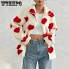 Autumn and Winter Women's Plush Love Printed Loose Long Sleeve Standing Collar Zipper Cardigan Short Jacket
