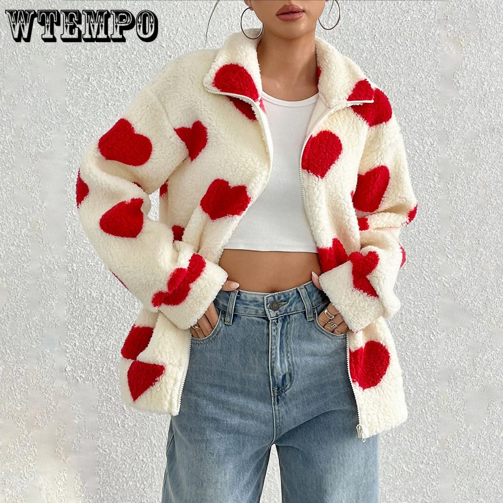 Autumn and Winter Women's Plush Love Printed Loose Long Sleeve Standing Collar Zipper Cardigan Short Jacket