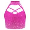 Girls Halter Crop Top Sleeveless Cross Front Backless Sparkling Rhinestones Dance Gymnastics Costume