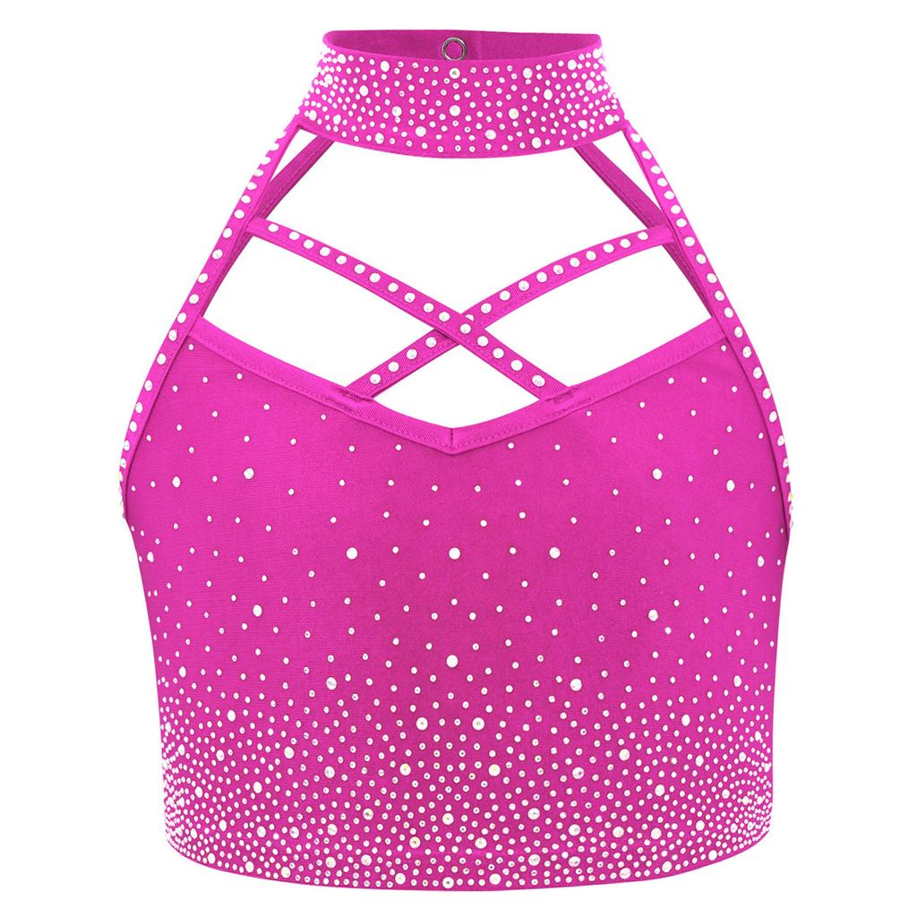 Girls Halter Crop Top Sleeveless Cross Front Backless Sparkling Rhinestones Dance Gymnastics Costume