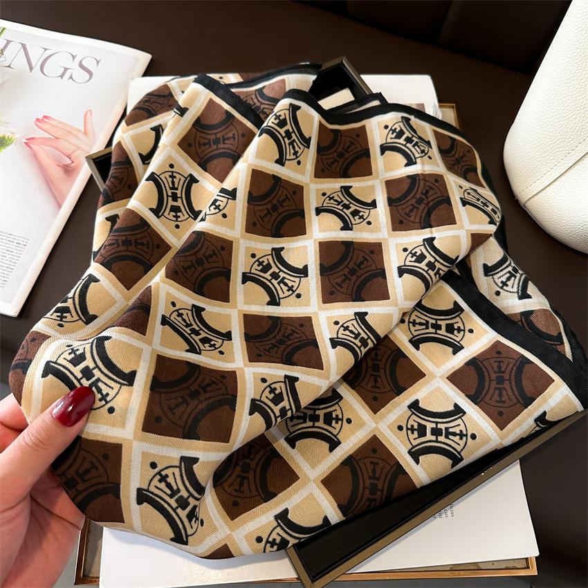 Alphabet Arc De Triomphe Scarf Grid Neck Scarf 65 × 65Cm Thin Premium Versatile Cotton And Linen Feel Velvet Scarf