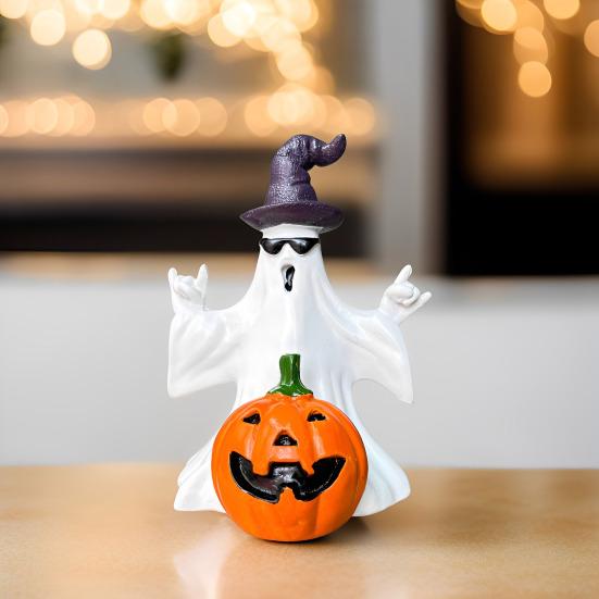 Halloween Ghost Pumpkin Statue Spooky Wizard Hat Sunglasses Ghost Resin Figurine Sculpture Holiday Party Home Desktop Decoration Ornament