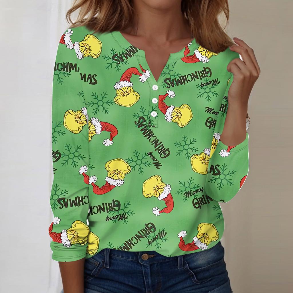 Women's Fashion Casual V-Neck Long Sleeve Decorative Button Christmas Print Top