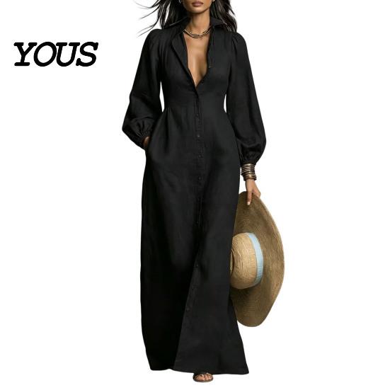 Autumn Women Dresses Button Front Shirt Dress, Long Sleeve Turn-down Collar Collared Style Solid Color Cinched Waist Dress for Daily Office Casual