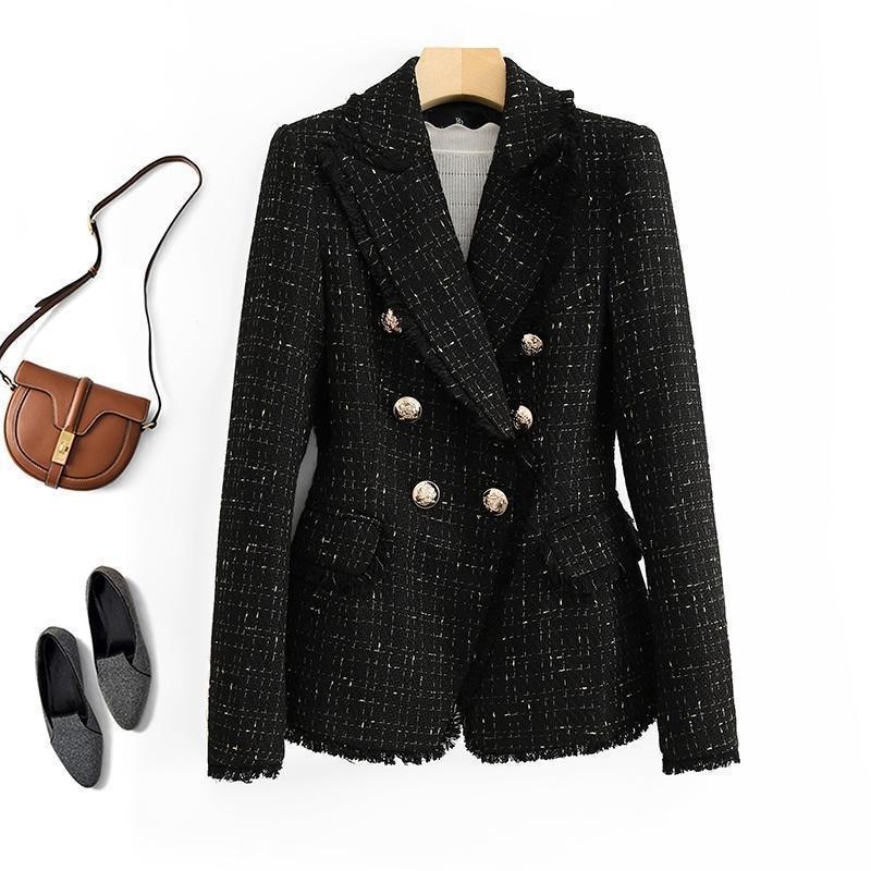 Womens Slim Fit Chic Blazer Jacket Korean Style Double Breasted Chiffon Blend Tailored Coat