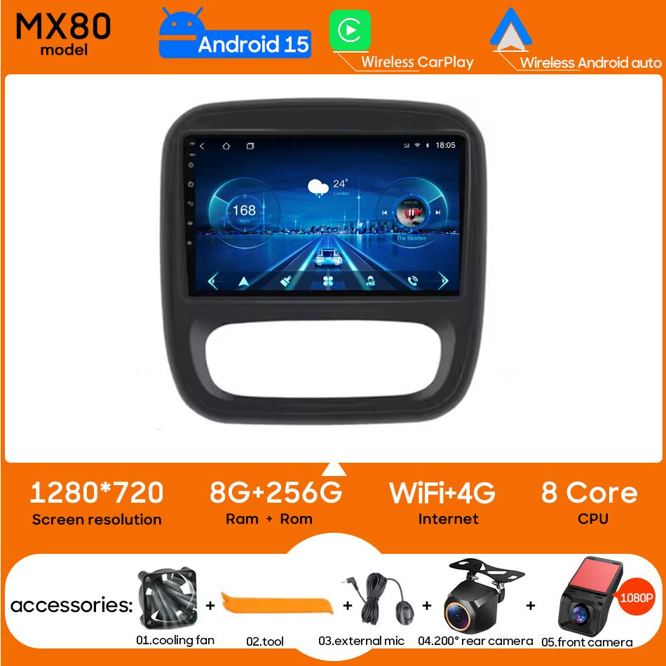 Autoradio multimédia Android 15 Carplay avec navigation pour Renault Trafic 3 2014 - 2021 pour Opel Vivaro B 2014 - 2018