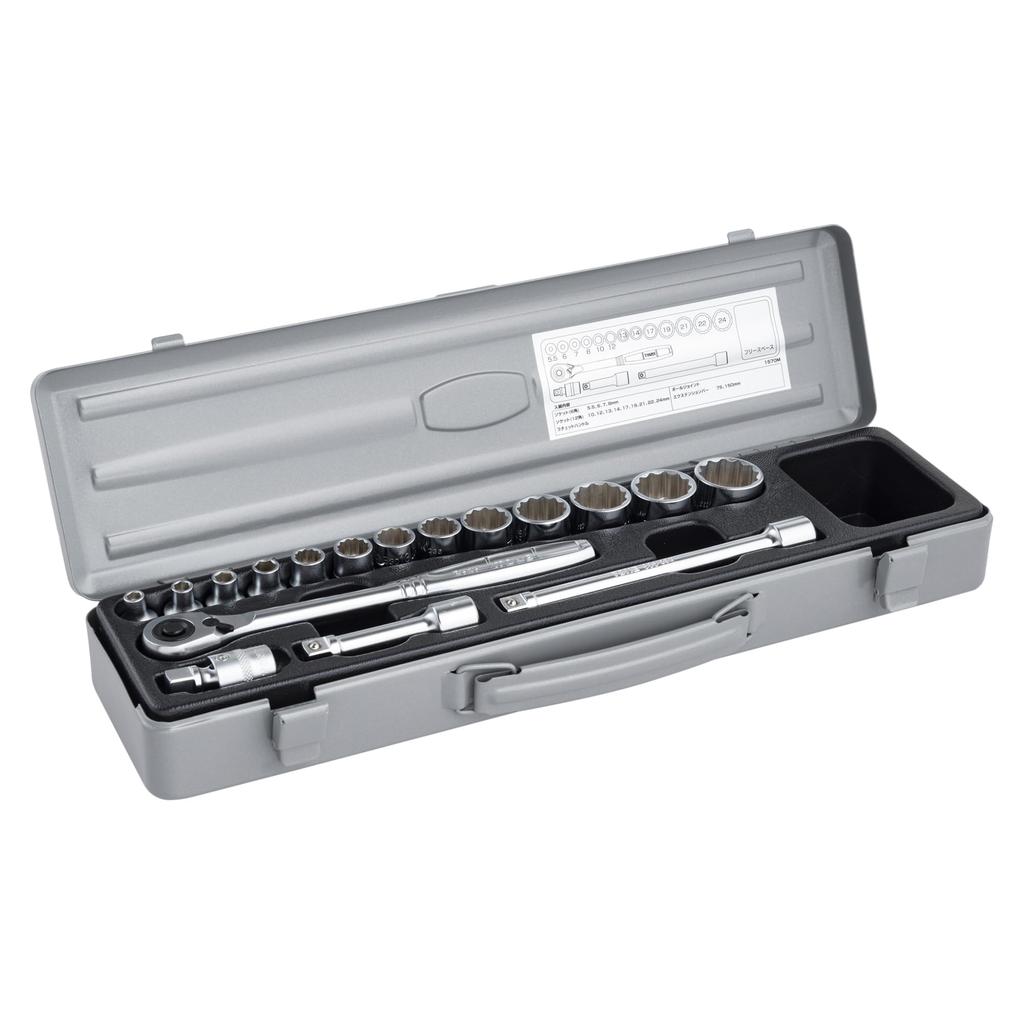 TONE 1570M Socket Wrench Includes 17 Pieces Set, 9.5mm (3/8") Drive, Silver,