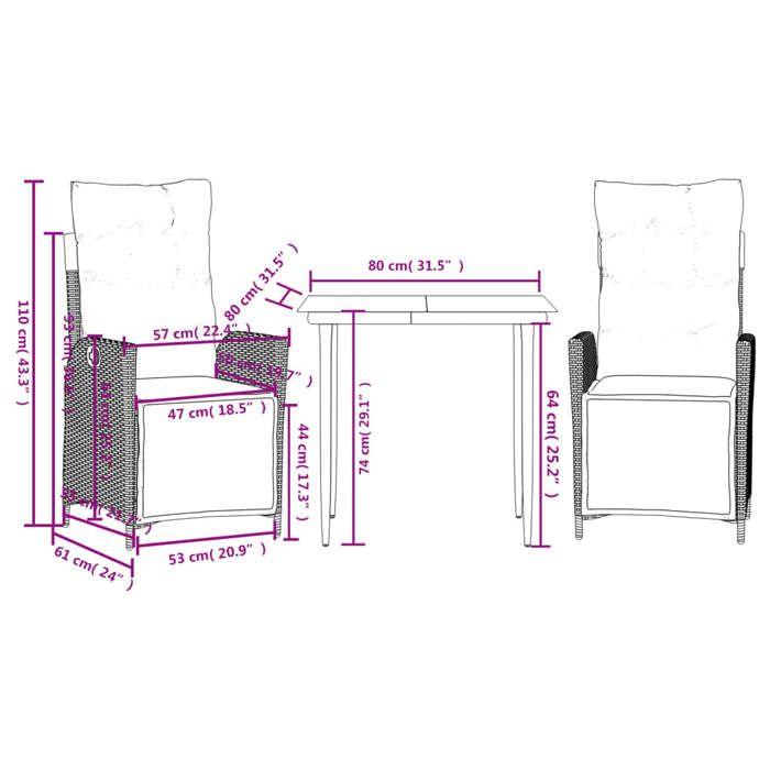 VidaXL Ensemble à Manger de Jardin avec Coussins 3 pcs, Table et Chaises avec Dossier Réglable, Meubles d'Extérieur, 3213406