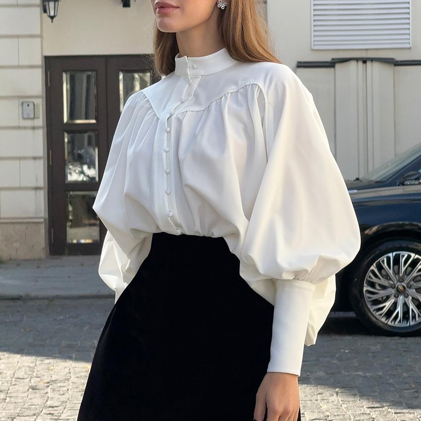 White Casual Stand Collar Puff Sleeve Loose Fit Shirt For Commute