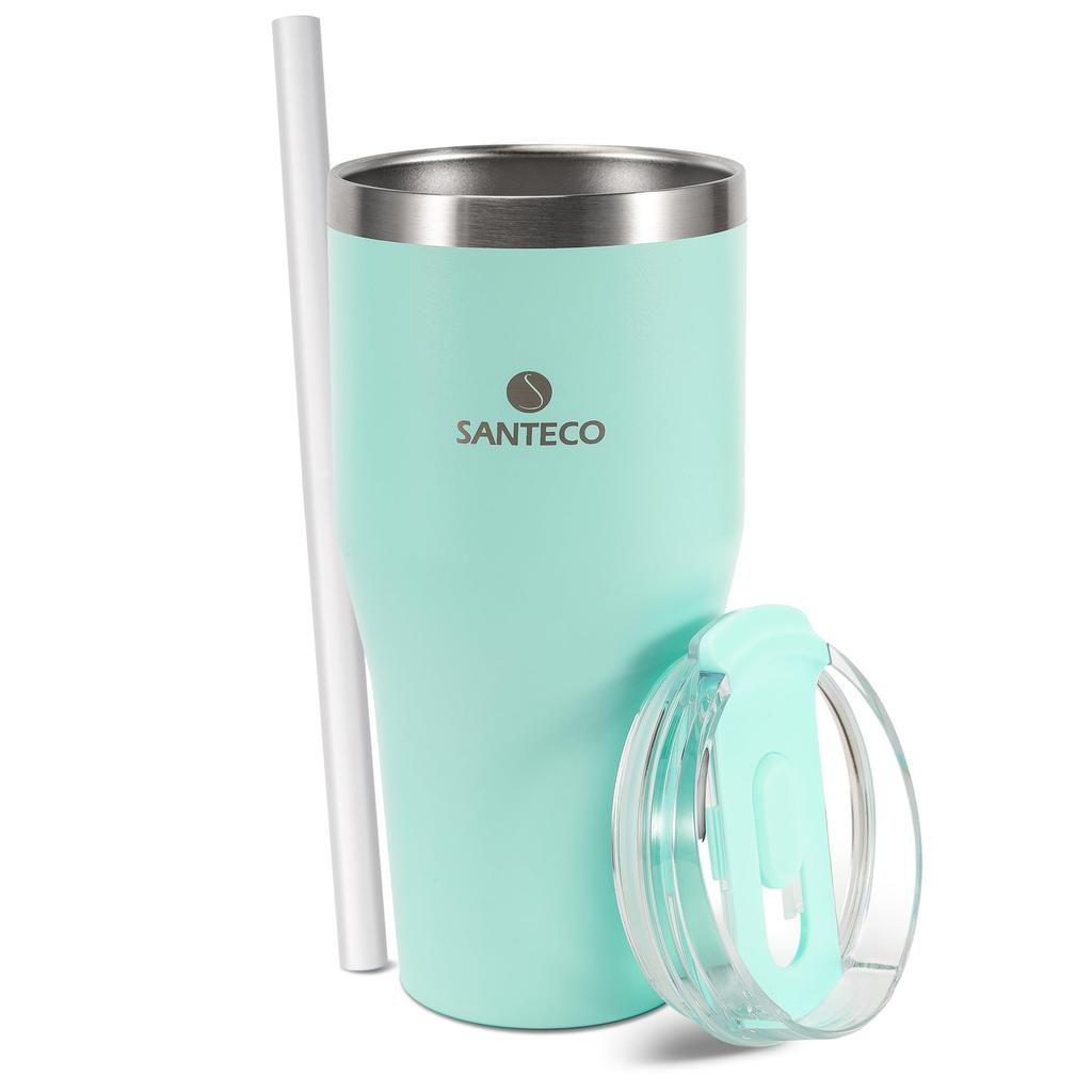 SANTECO ESCAPE with Lid and Large Keeps Drinks Hot or Stainless Vacuum Wide Mouth Green Tumbler, 590ml, Straw, Capacity, Cold, Stylish, 18/8 Steel,