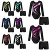 Kids Girls Sparkly Dance Leotard Long Sleeve Round Neck Rhinestone Patchwork and V-Waist Shorts Competition Set