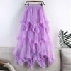 Women Cake Skirt Mid-rise Elastic Waist Irregular Hem Midi Skirt Solid Color Mesh Swing Long Skirt Daily Wear