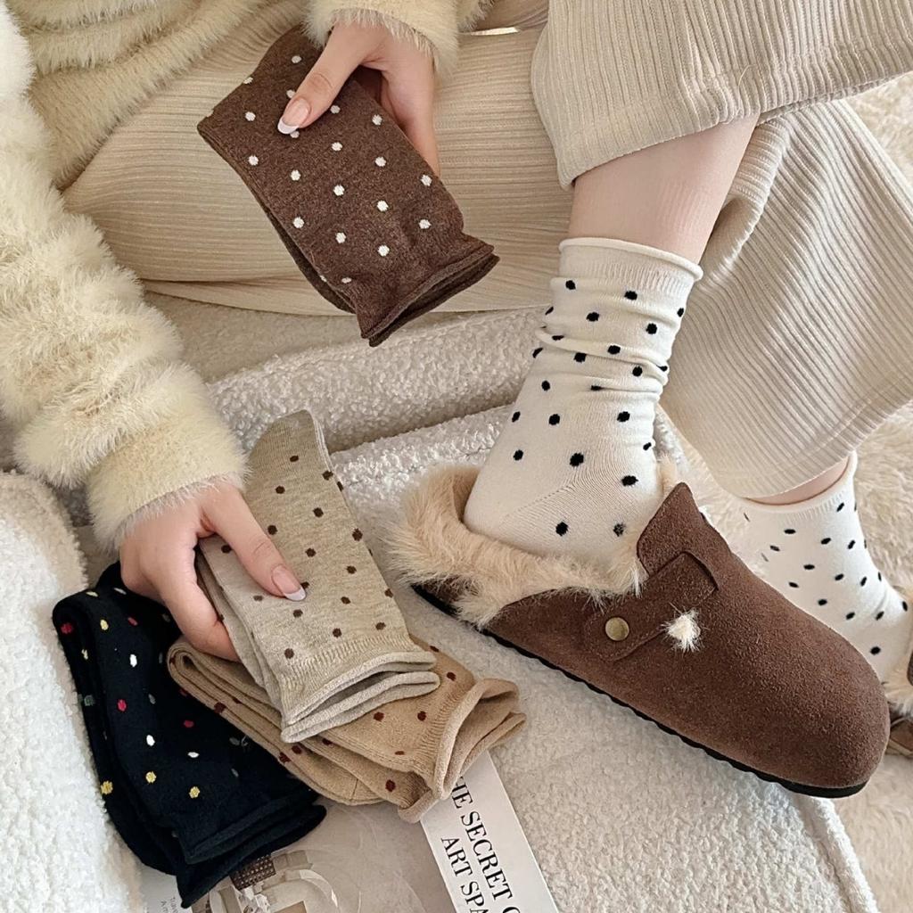 Wool Socks Women Autumn and Winter Thick Warm Middle-tube Socks Polka Dot Japanese Kawaii Cute Thermal Long Socks