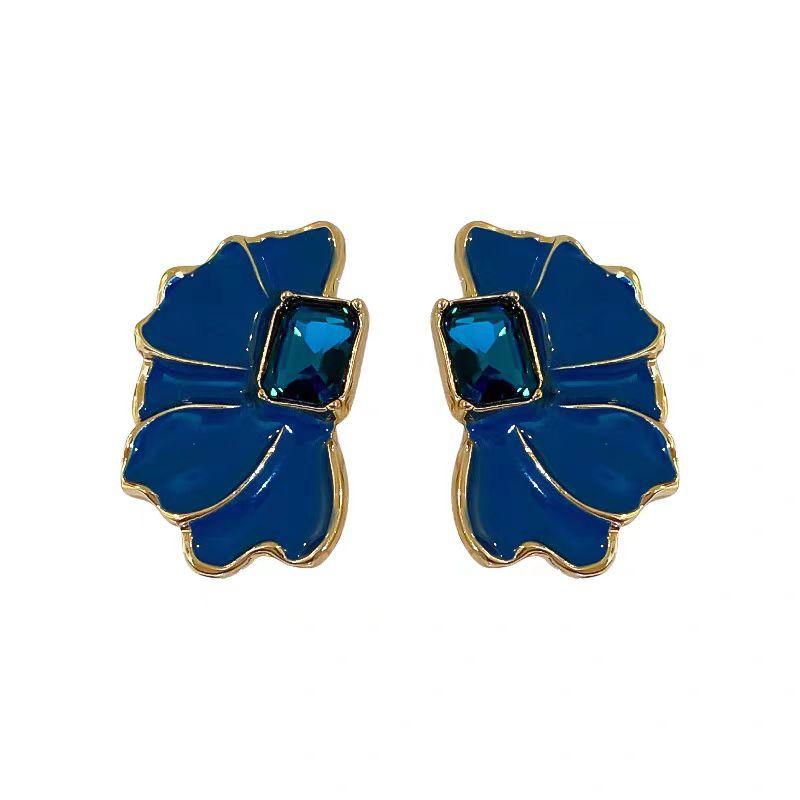 New French Retro Rhinestone Blue Oil Flower Drop Stud Earrings Fashion Cute Alloy Stud Earrings For Women Jewelry Gifts
