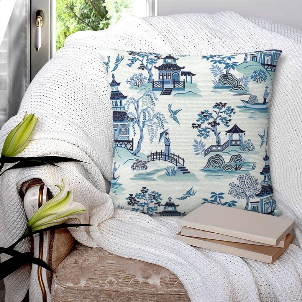 Blue Willow Chinoiserie Square Pillowcase Pillow Cover Polyester Cushion Zip Decorative Comfort Throw Pillow for Home Car