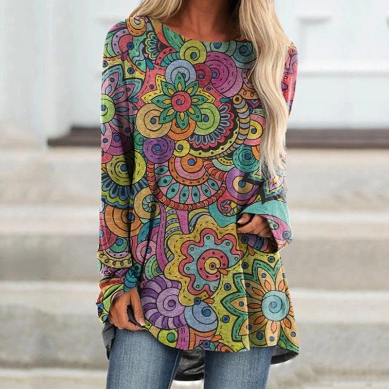 Женская футболка больших размеров с длинным рукавом и 3D принтом, весенне-осенняя повседневная свободная верхняя одежда с круглым вырезом