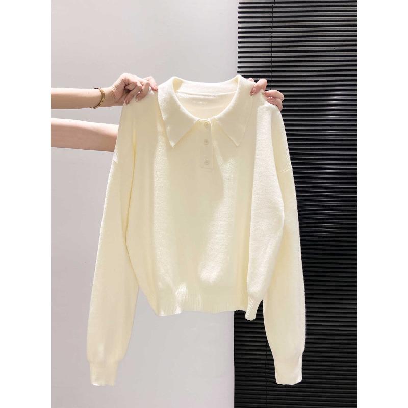 Temperament soft waxy button olo lapel knitted sweater women's autumn versatile lazy wind loose long-sleeved bottoming top
