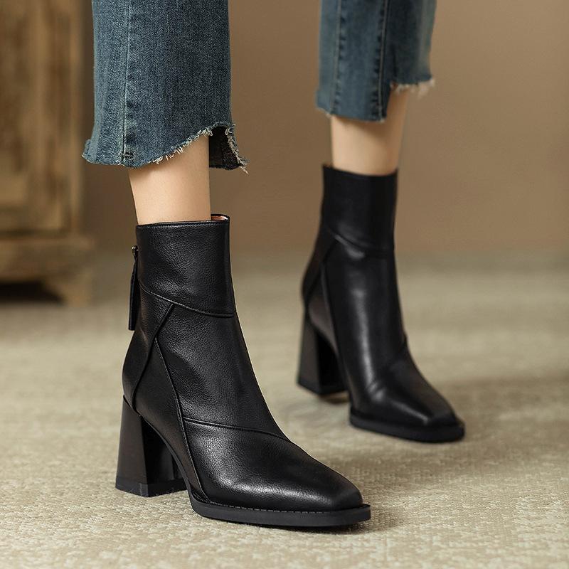 Fashion Hot Sale Retro Brown Leather Ankle Boots Women's Square - Toe Chunky Heel Back Zip Fashion Booties
