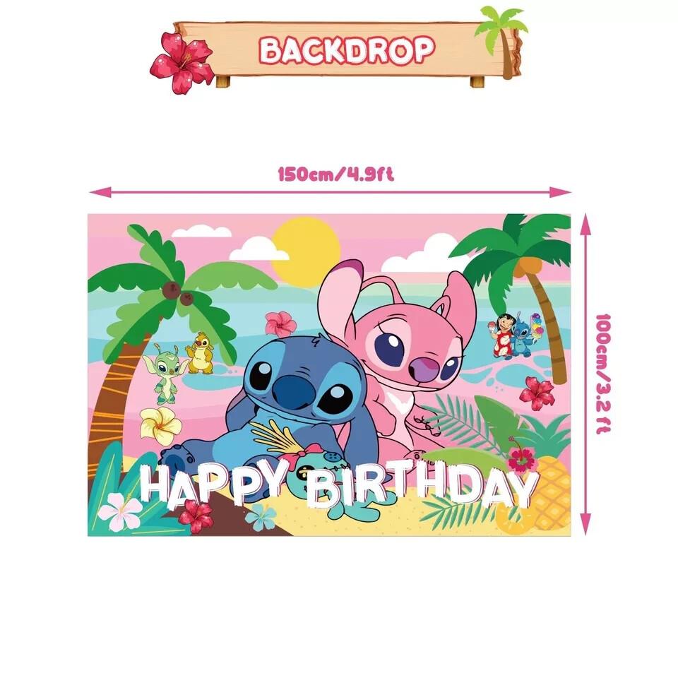 203. Lilo & Stitch Theme Birthday Party Happy Birthday Backdrop Banner 4.9x3.2 ft