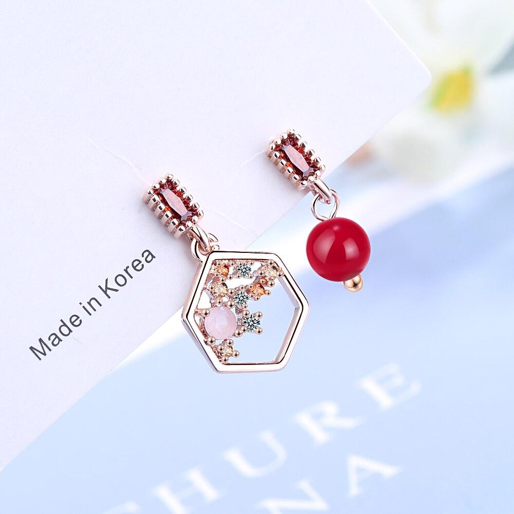 Серьги из стерлингового серебра 925 пробы с цирконом, ювелирные изделия, темперамент, красный жемчуг, шестиугольник, асимметричные ретро-висячие серьги для женщин, S-E1036