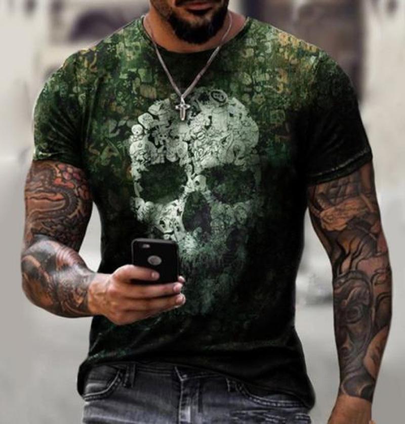 Мужская футболка в уличном стиле, негабаритная футболка с 3D принтом черепа, с коротким рукавом, летняя модная футболка с черепом, повседневная мужская футболка с разнообразным принтом