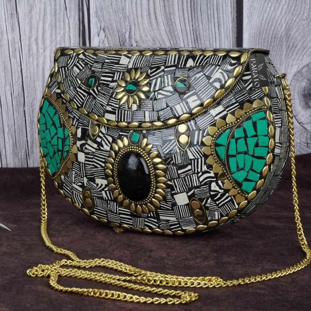 Черная женская сумка-слинг Ручная работа Металлическая мозаичная сумка Украшена плитками