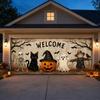 7 x 16 ft Halloween Garage Door Cover, Vintage Welcome Black Cat Pumpkin Ghos...