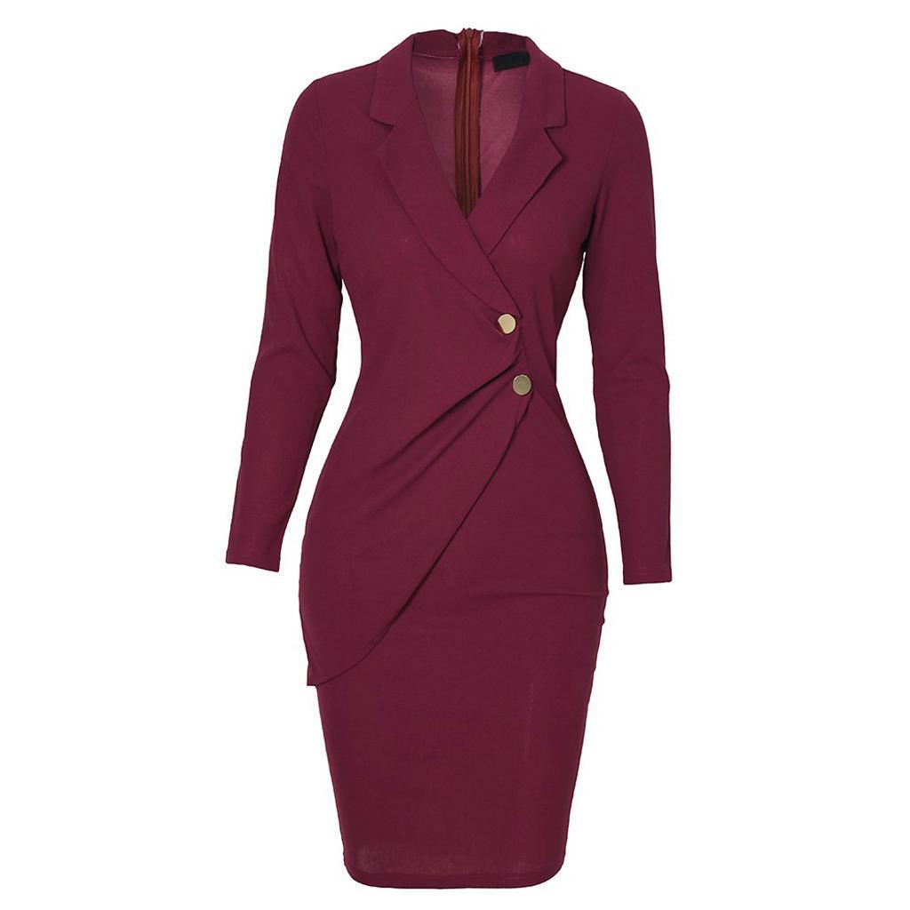 OhBaby Women's Lapel Bodycon Button Long Sleeve Slim Fit Business Suit Midi Dress Blazer