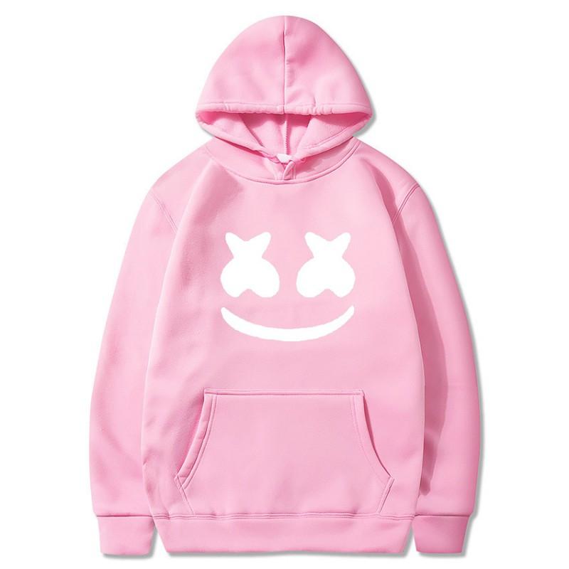 Mens Marshmello Smiley Face Hooded Sweatshirt Loose Fit Cotton Blend Winter Pullover