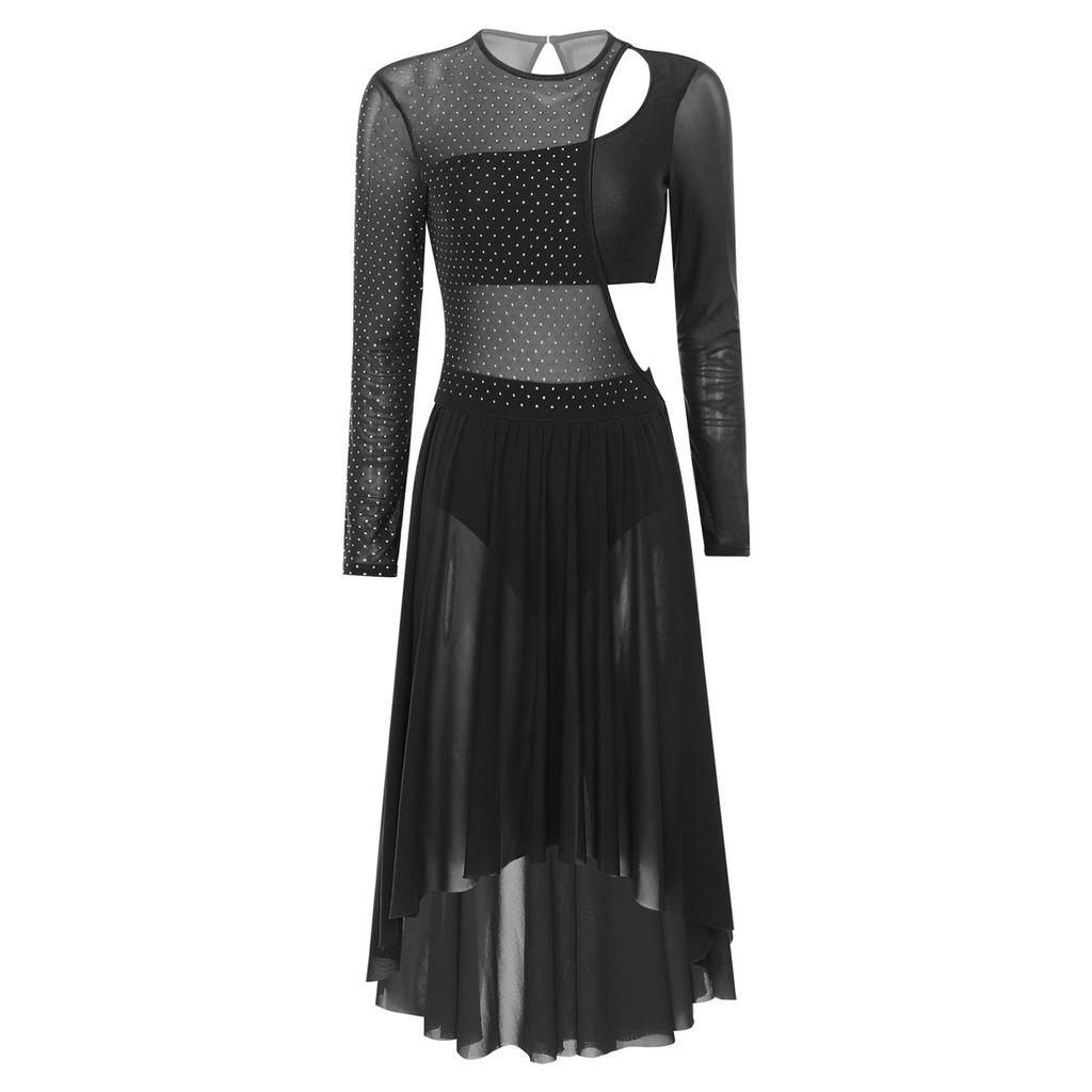 Женский лирический современный танцевальный костюм с длинными рукавами и стразами, сетчатое лоскутное платье с вырезами, балетное трико, платье