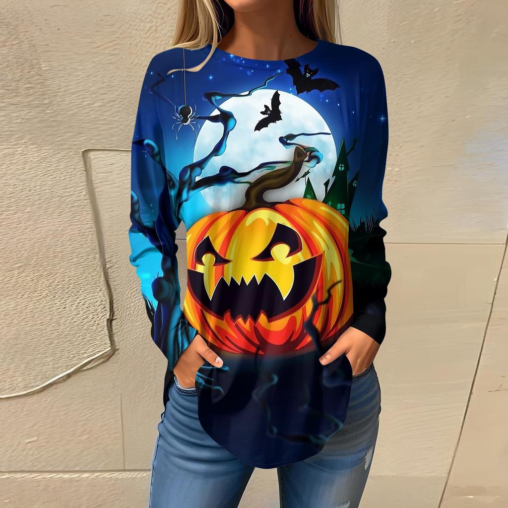 Женская свободная футболка с длинным рукавом с круглым вырезом и принтом, верхний пуловер