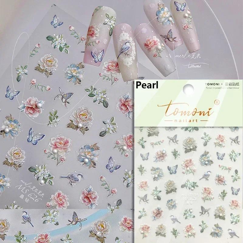 Gold Stamped Blooming Red Peony 3D Self-Adhesive Nail Art Stickers Lily Magnolia Camellia Daisy Rose Manicure Decals