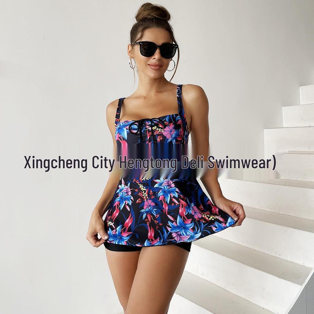 New Women's Plus Size Print Skirted Bikini - European & American Style - Backless Flat-Leg Design